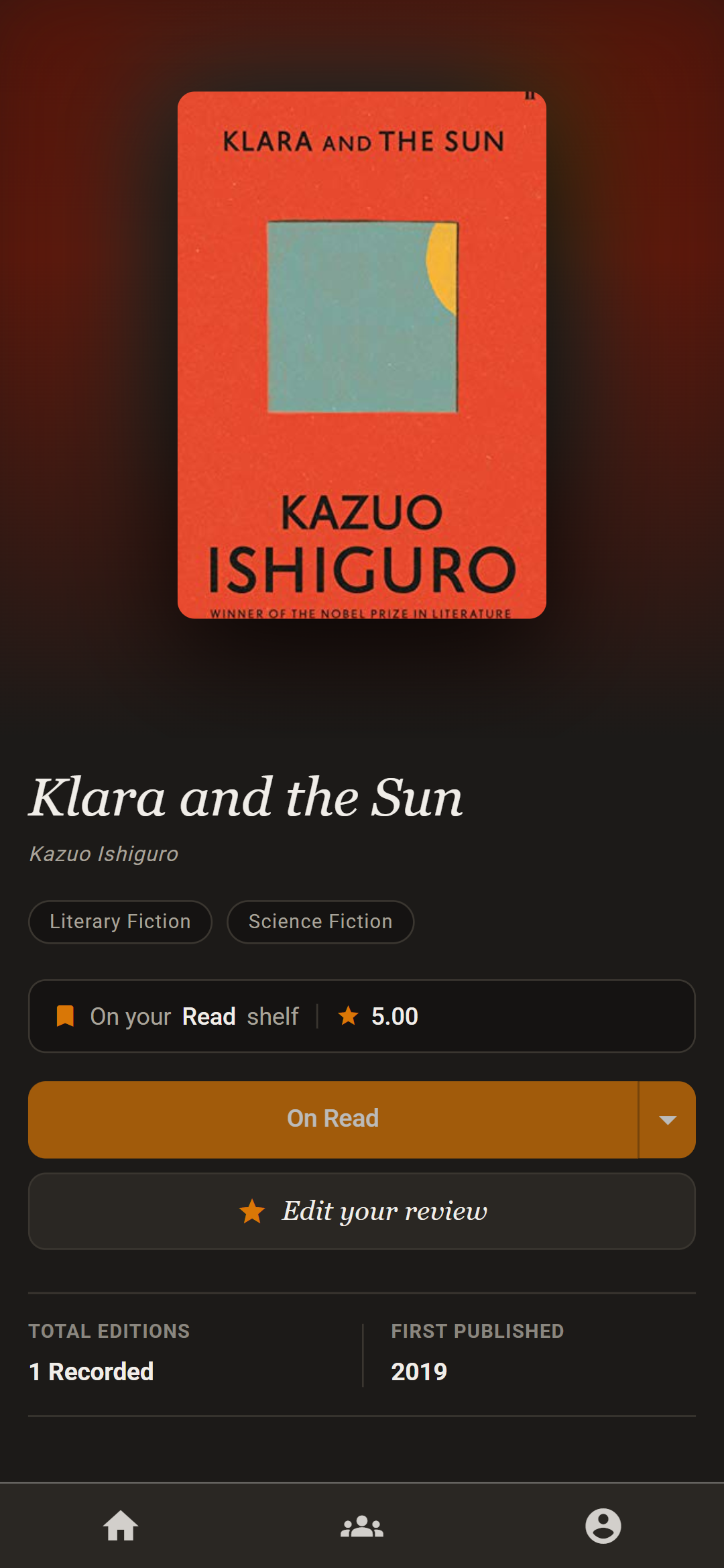 The page for Klara and the Sun, with its genres, list and rating