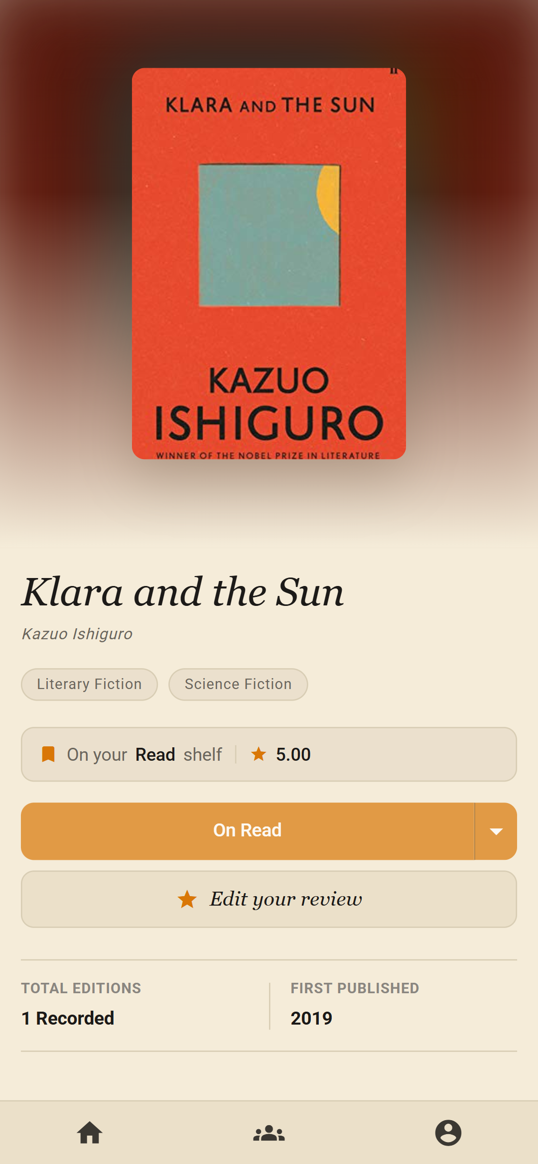 The page for Klara and the Sun, with its genres, list and rating