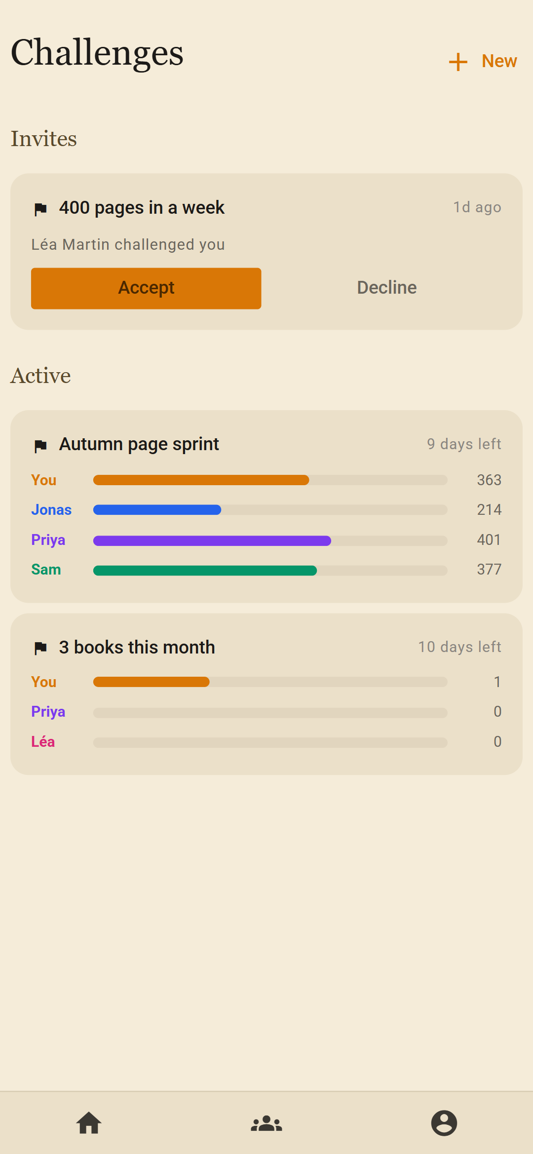 Challenges: an invite to accept or decline, a page race and a shared goal