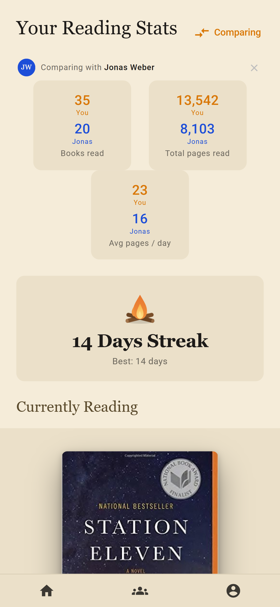 Your reading stats next to a friend's: books read, pages read and pages per day