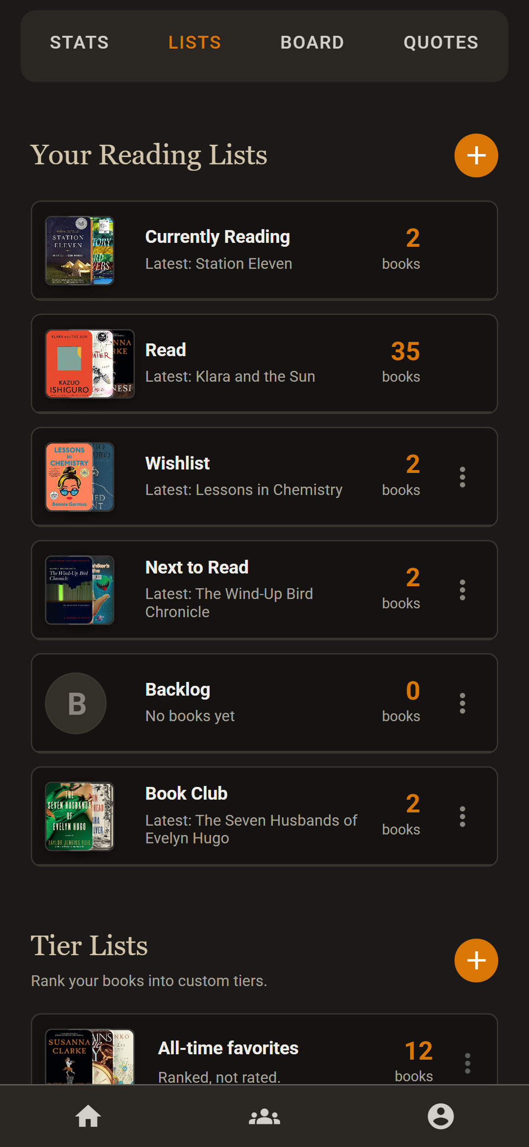 Reading lists: currently reading, read, wishlist, next to read, backlog and a custom book club list
