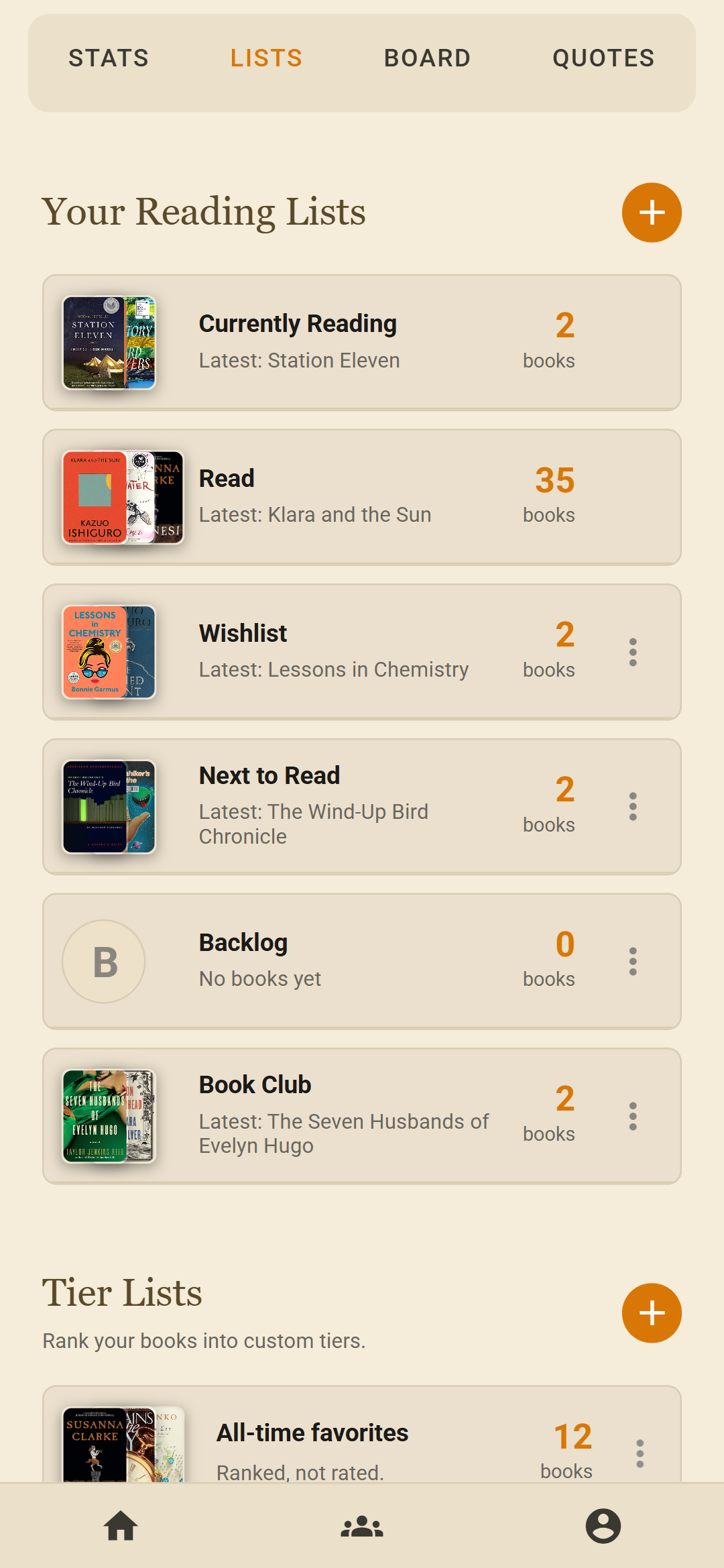 Reading lists: currently reading, read, wishlist, next to read, backlog and a custom book club list