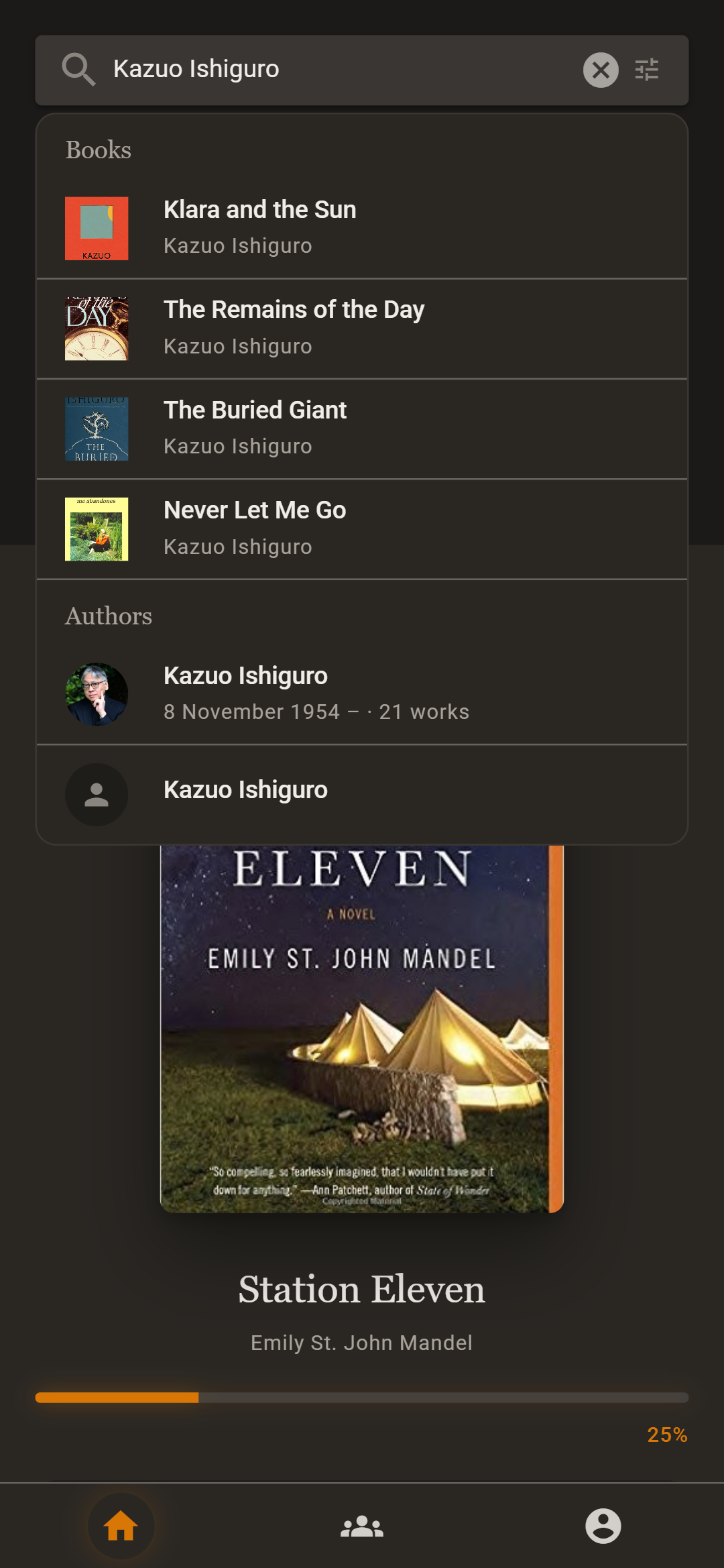 Search results for Kazuo Ishiguro, listing four of his books and his author page