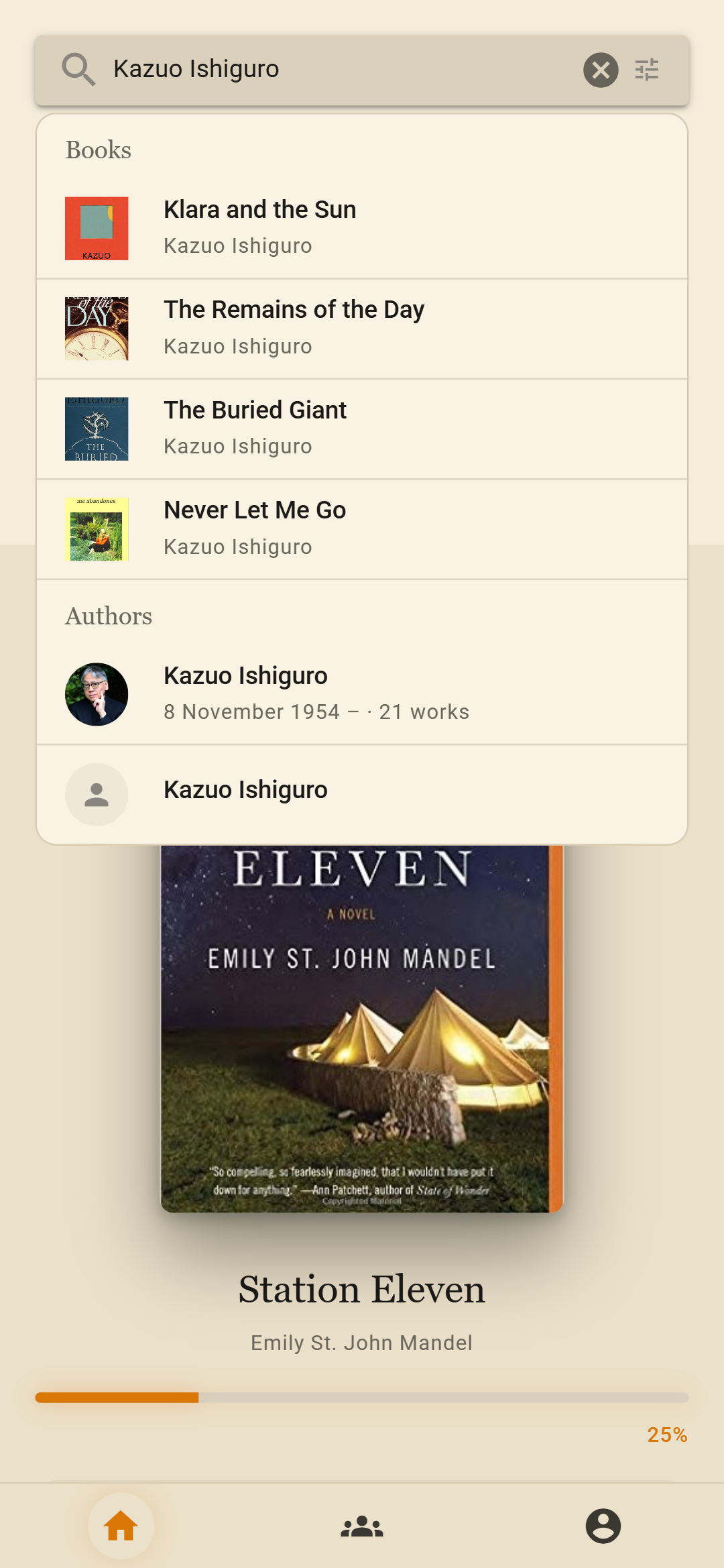 Search results for Kazuo Ishiguro, listing four of his books and his author page